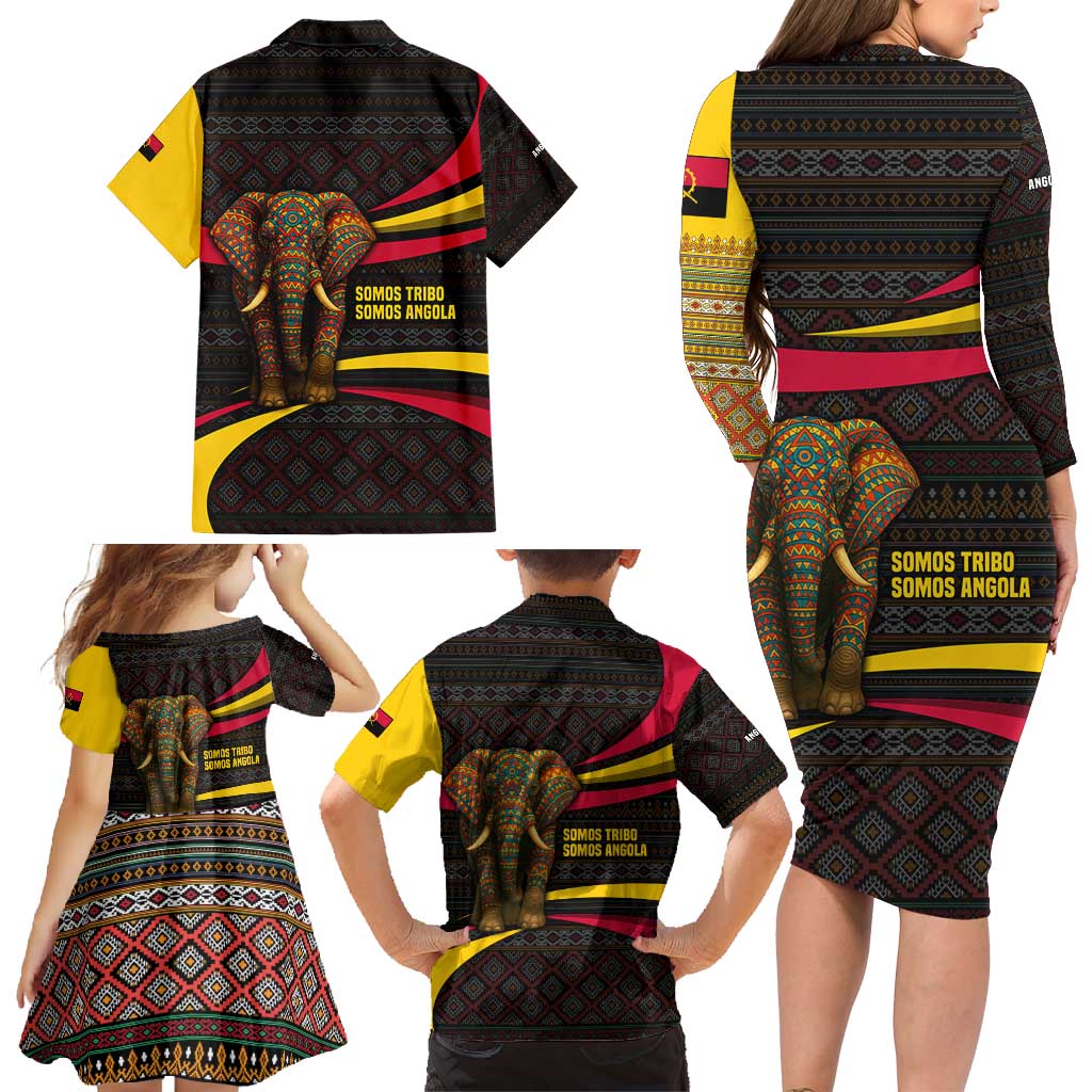 Angola Family Matching Long Sleeve Bodycon Dress and Hawaiian Shirt with Red Black Yellow Tribal Design and Elephant - Wonder Print Shop