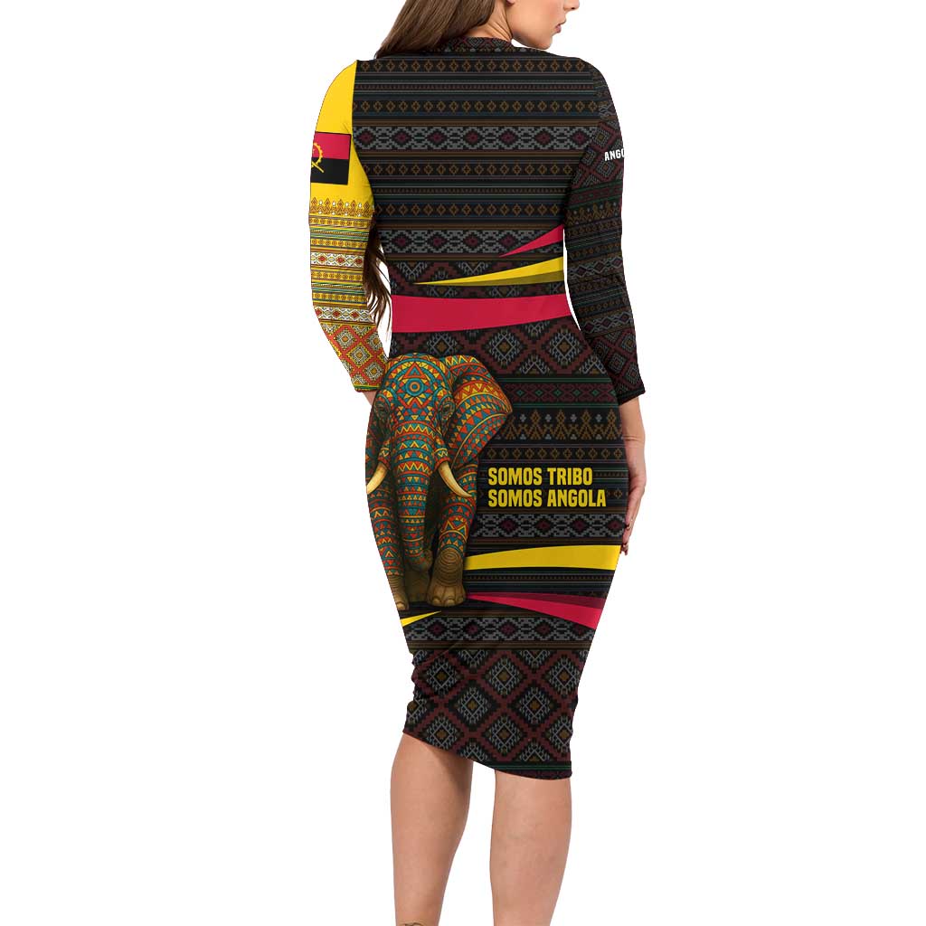 Angola Family Matching Long Sleeve Bodycon Dress and Hawaiian Shirt with Red Black Yellow Tribal Design and Elephant - Wonder Print Shop
