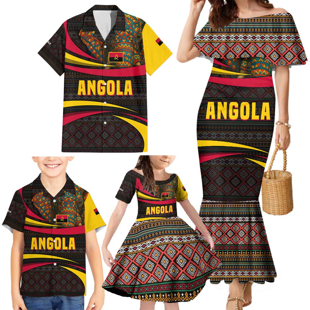 Angola Family Matching Mermaid Dress and Hawaiian Shirt with Red Black Yellow Tribal Design and Elephant - Wonder Print Shop