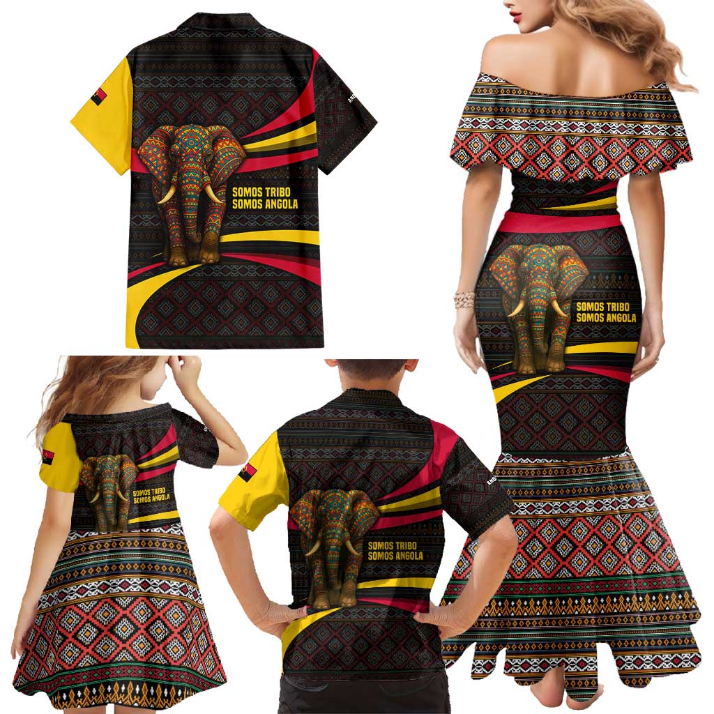 Angola Family Matching Mermaid Dress and Hawaiian Shirt with Red Black Yellow Tribal Design and Elephant - Wonder Print Shop