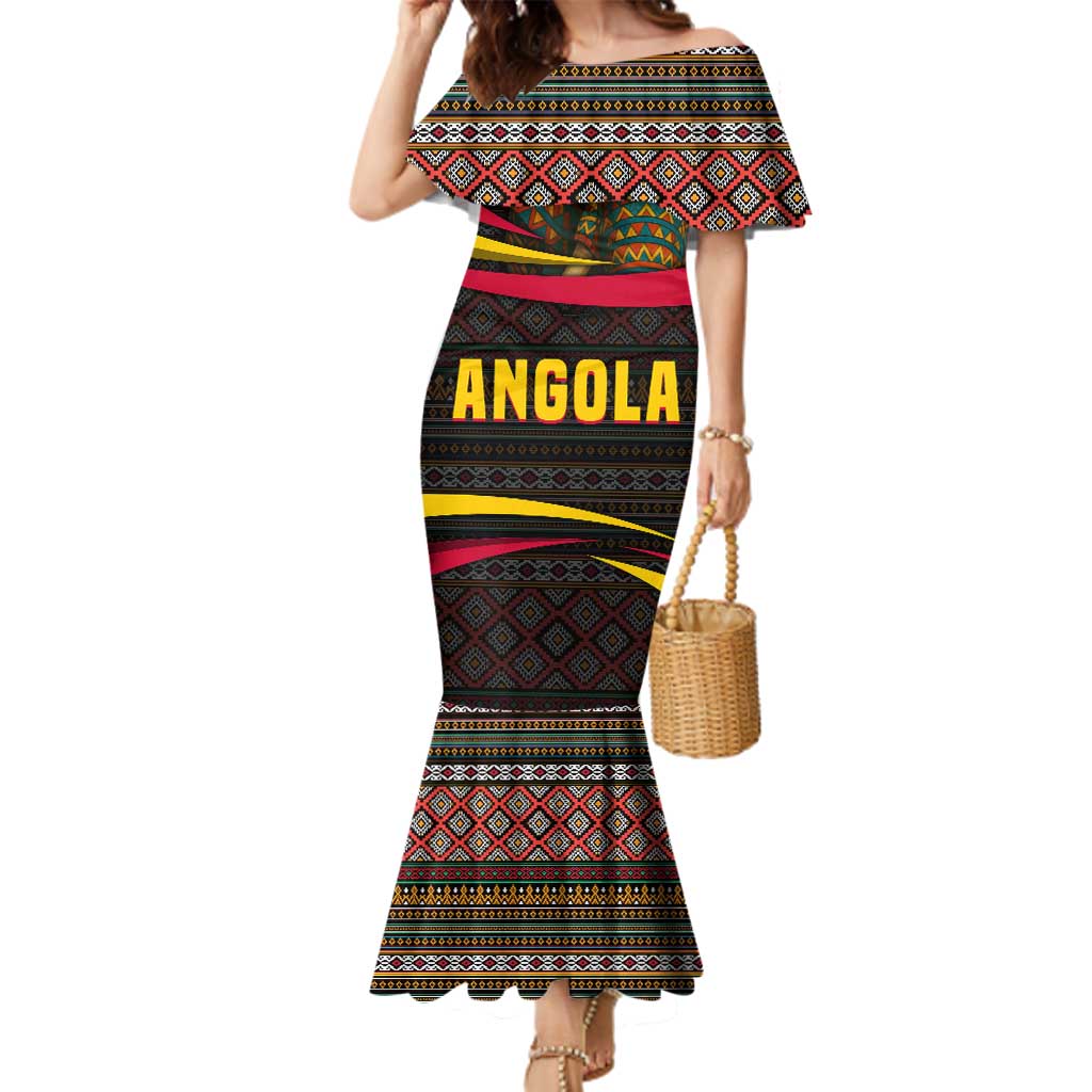 Angola Family Matching Mermaid Dress and Hawaiian Shirt with Red Black Yellow Tribal Design and Elephant - Wonder Print Shop