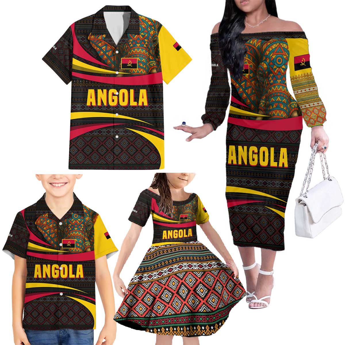 Angola Family Matching Off The Shoulder Long Sleeve Dress and Hawaiian Shirt with Red Black Yellow Tribal Design and Elephant - Wonder Print Shop