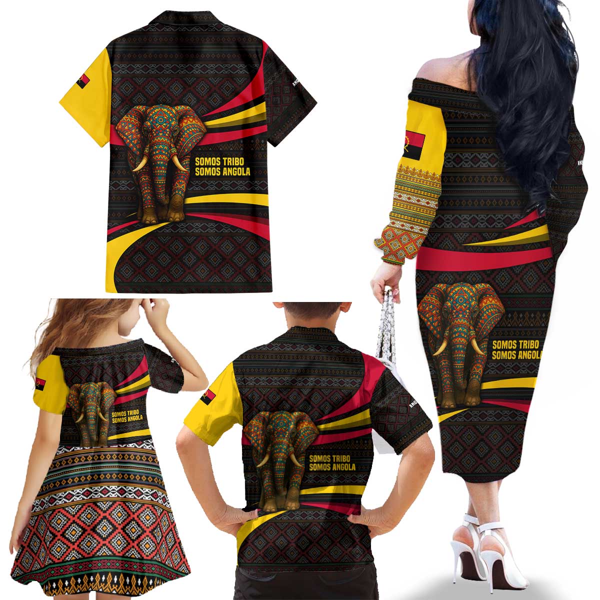 Angola Family Matching Off The Shoulder Long Sleeve Dress and Hawaiian Shirt with Red Black Yellow Tribal Design and Elephant - Wonder Print Shop