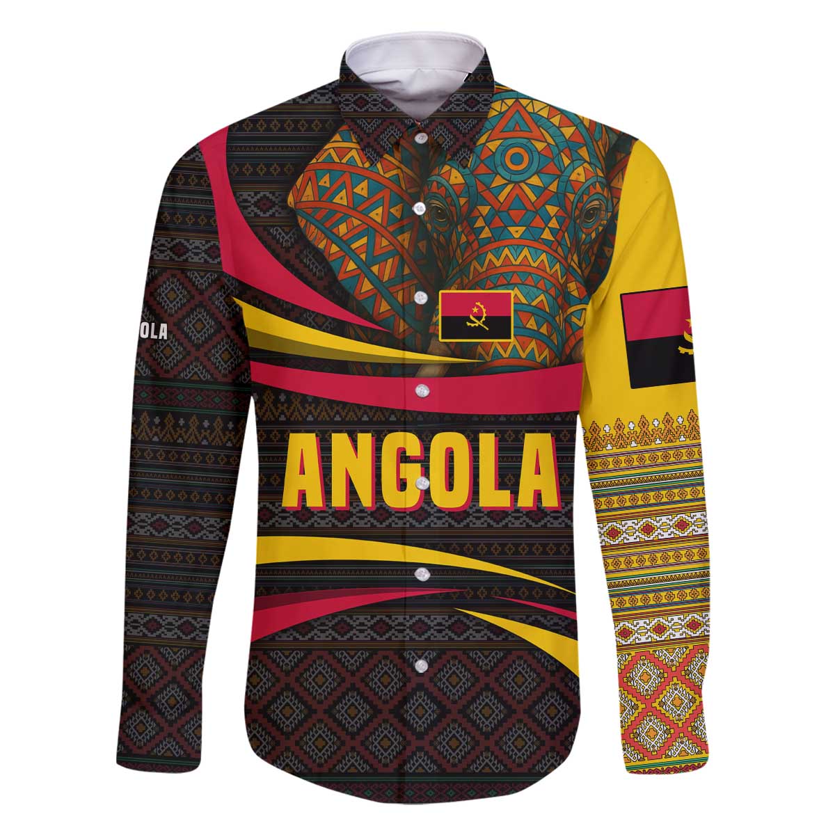 Angola Family Matching Off The Shoulder Long Sleeve Dress and Hawaiian Shirt with Red Black Yellow Tribal Design and Elephant - Wonder Print Shop