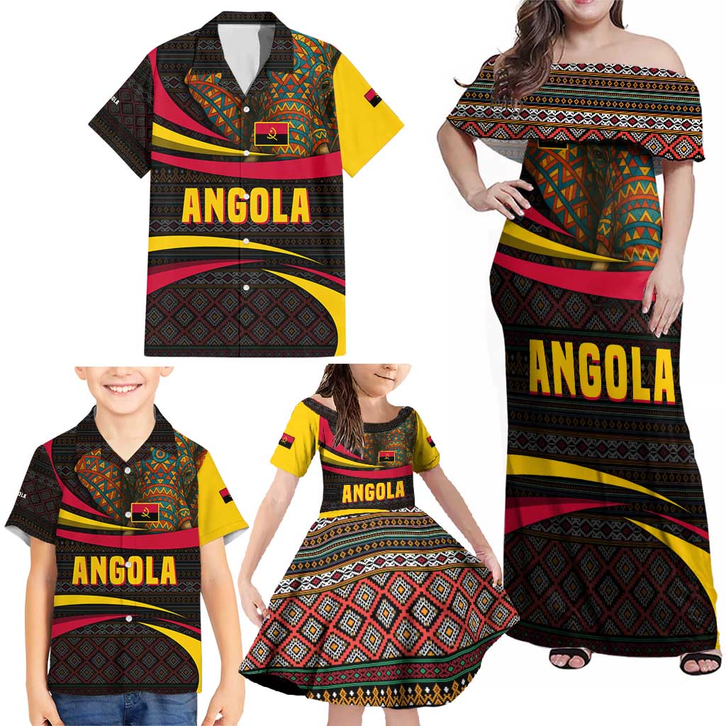 Angola Family Matching Off Shoulder Maxi Dress and Hawaiian Shirt with Red Black Yellow Tribal Design and Elephant - Wonder Print Shop
