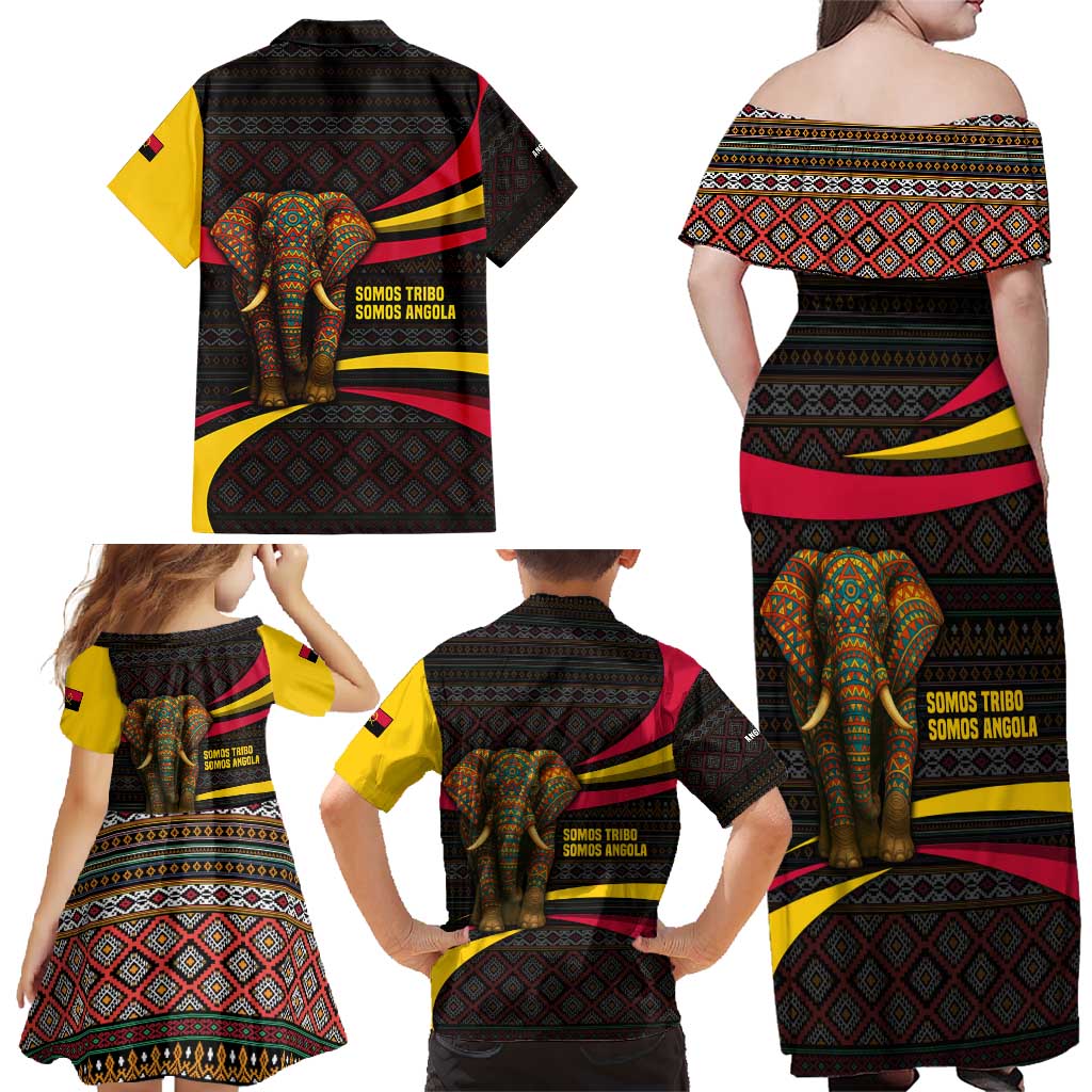 Angola Family Matching Off Shoulder Maxi Dress and Hawaiian Shirt with Red Black Yellow Tribal Design and Elephant - Wonder Print Shop