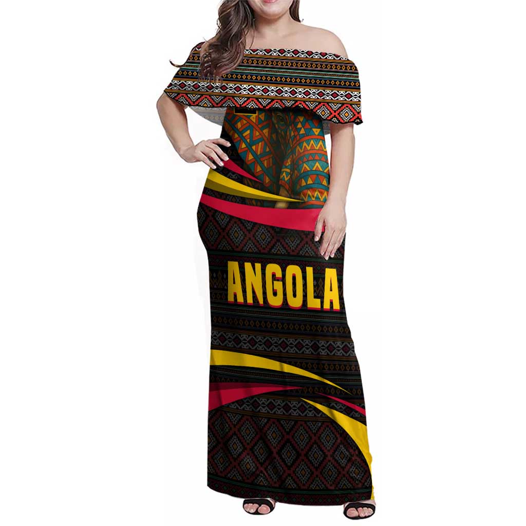 Angola Family Matching Off Shoulder Maxi Dress and Hawaiian Shirt with Red Black Yellow Tribal Design and Elephant - Wonder Print Shop