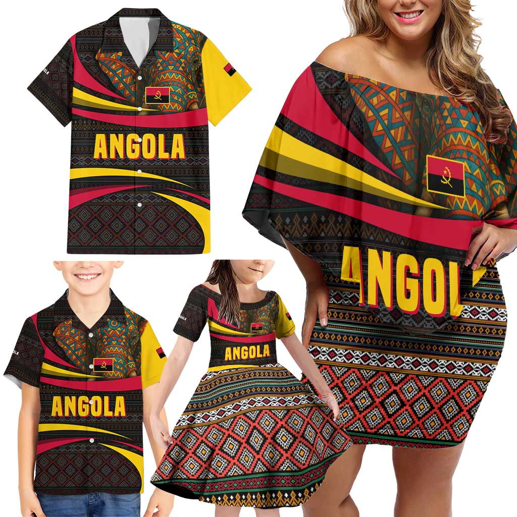 Angola Family Matching Off Shoulder Short Dress and Hawaiian Shirt with Red Black Yellow Tribal Design and Elephant - Wonder Print Shop