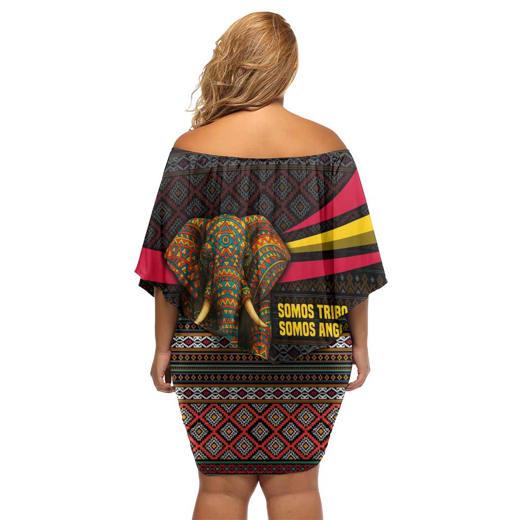 Angola Family Matching Off Shoulder Short Dress and Hawaiian Shirt with Red Black Yellow Tribal Design and Elephant - Wonder Print Shop