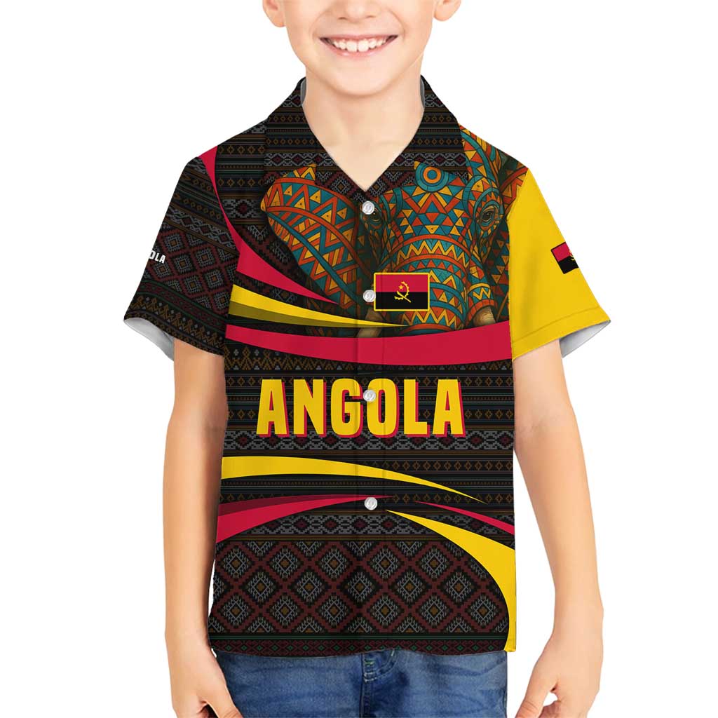 Angola Family Matching Off Shoulder Short Dress and Hawaiian Shirt with Red Black Yellow Tribal Design and Elephant - Wonder Print Shop
