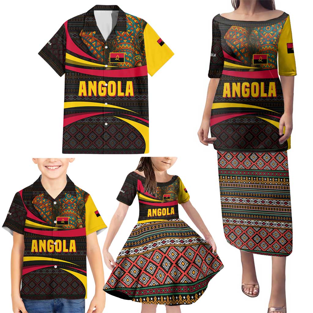 Angola Family Matching Puletasi and Hawaiian Shirt with Red Black Yellow Tribal Design and Elephant - Wonder Print Shop