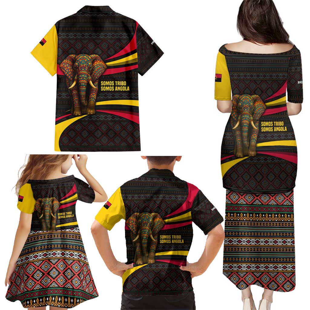 Angola Family Matching Puletasi and Hawaiian Shirt with Red Black Yellow Tribal Design and Elephant - Wonder Print Shop