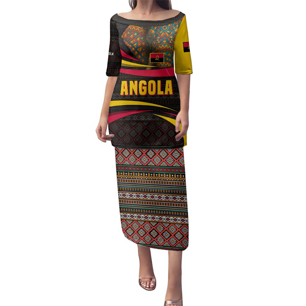 Angola Family Matching Puletasi and Hawaiian Shirt with Red Black Yellow Tribal Design and Elephant - Wonder Print Shop