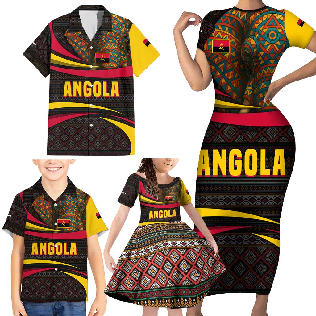 Angola Family Matching Short Sleeve Bodycon Dress and Hawaiian Shirt with Red Black Yellow Tribal Design and Elephant - Wonder Print Shop