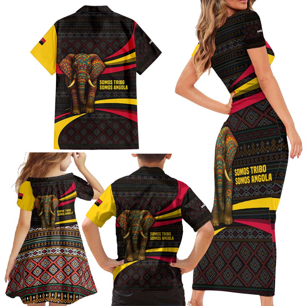 Angola Family Matching Short Sleeve Bodycon Dress and Hawaiian Shirt with Red Black Yellow Tribal Design and Elephant - Wonder Print Shop