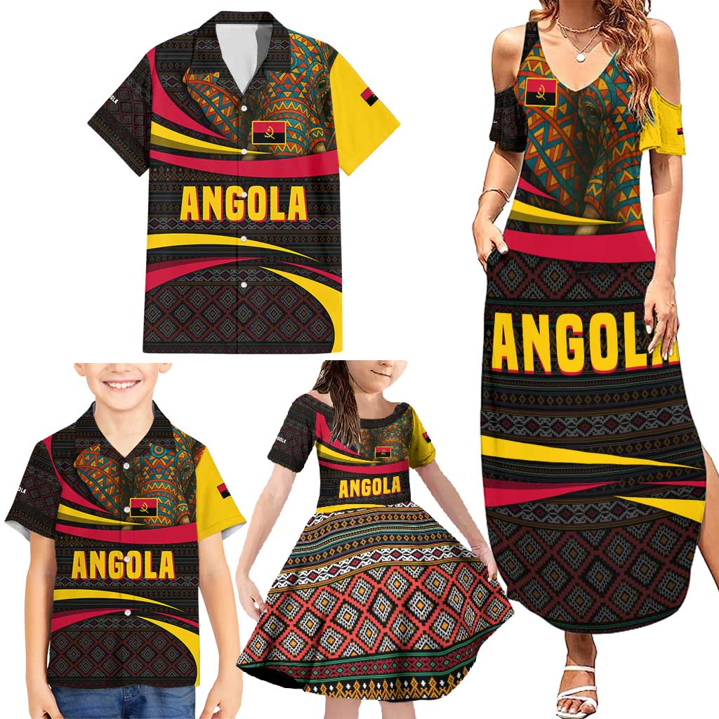 Angola Family Matching Summer Maxi Dress and Hawaiian Shirt with Red Black Yellow Tribal Design and Elephant - Wonder Print Shop