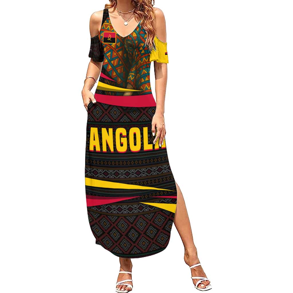 Angola Family Matching Summer Maxi Dress and Hawaiian Shirt with Red Black Yellow Tribal Design and Elephant - Wonder Print Shop