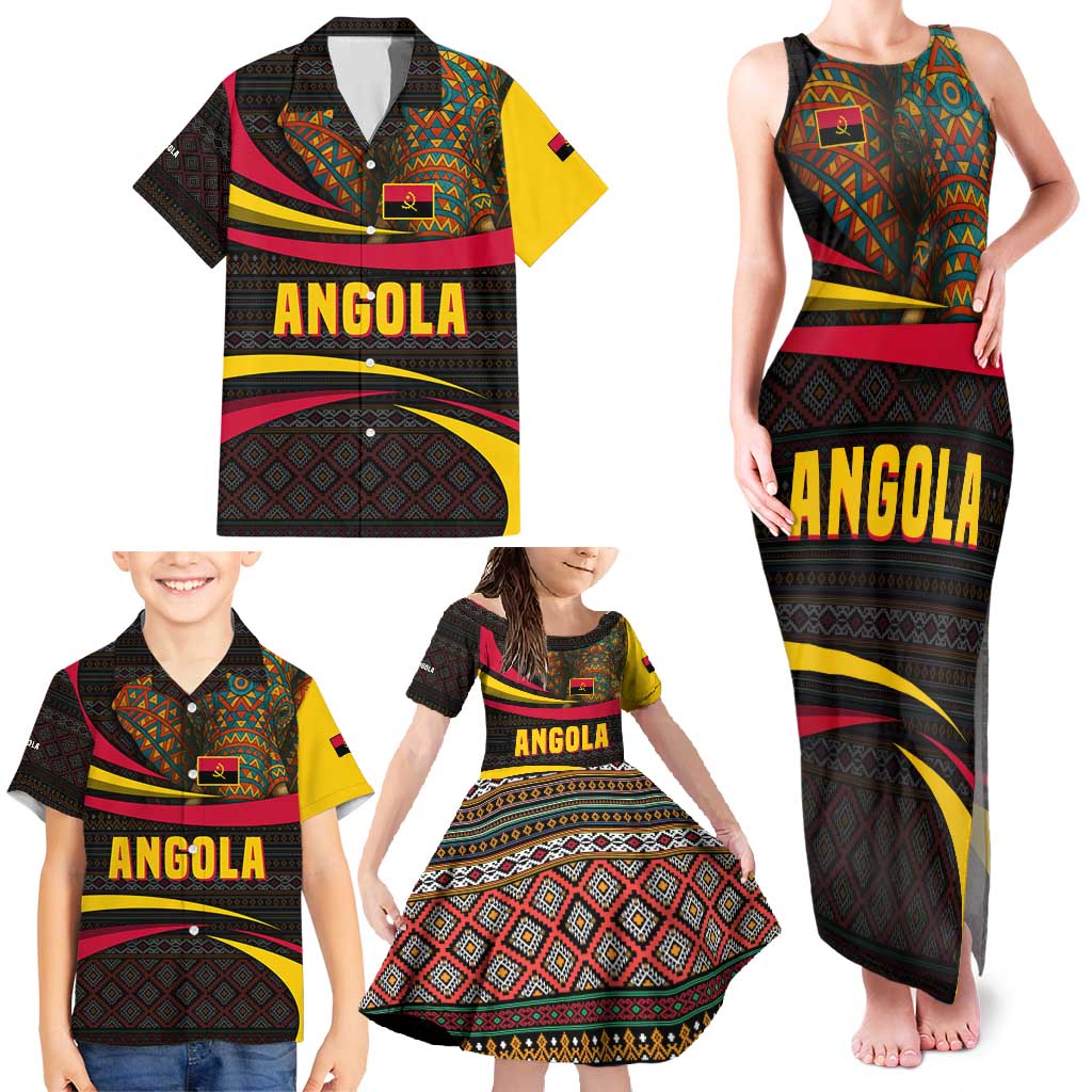 Angola Family Matching Tank Maxi Dress and Hawaiian Shirt with Red Black Yellow Tribal Design and Elephant - Wonder Print Shop