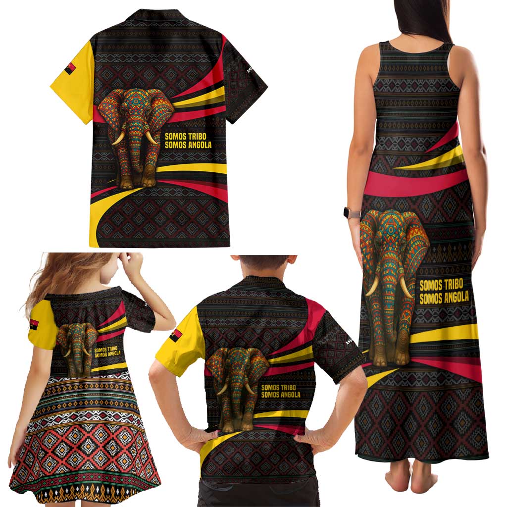 Angola Family Matching Tank Maxi Dress and Hawaiian Shirt with Red Black Yellow Tribal Design and Elephant - Wonder Print Shop