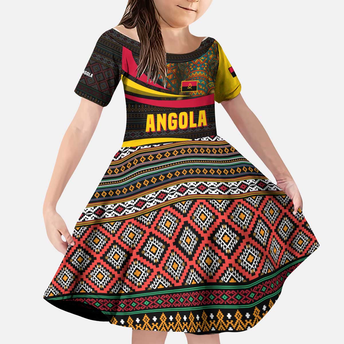 Angola Kid Short Sleeve Dress with Red Black Yellow Tribal Design and Elephant - Wonder Print Shop