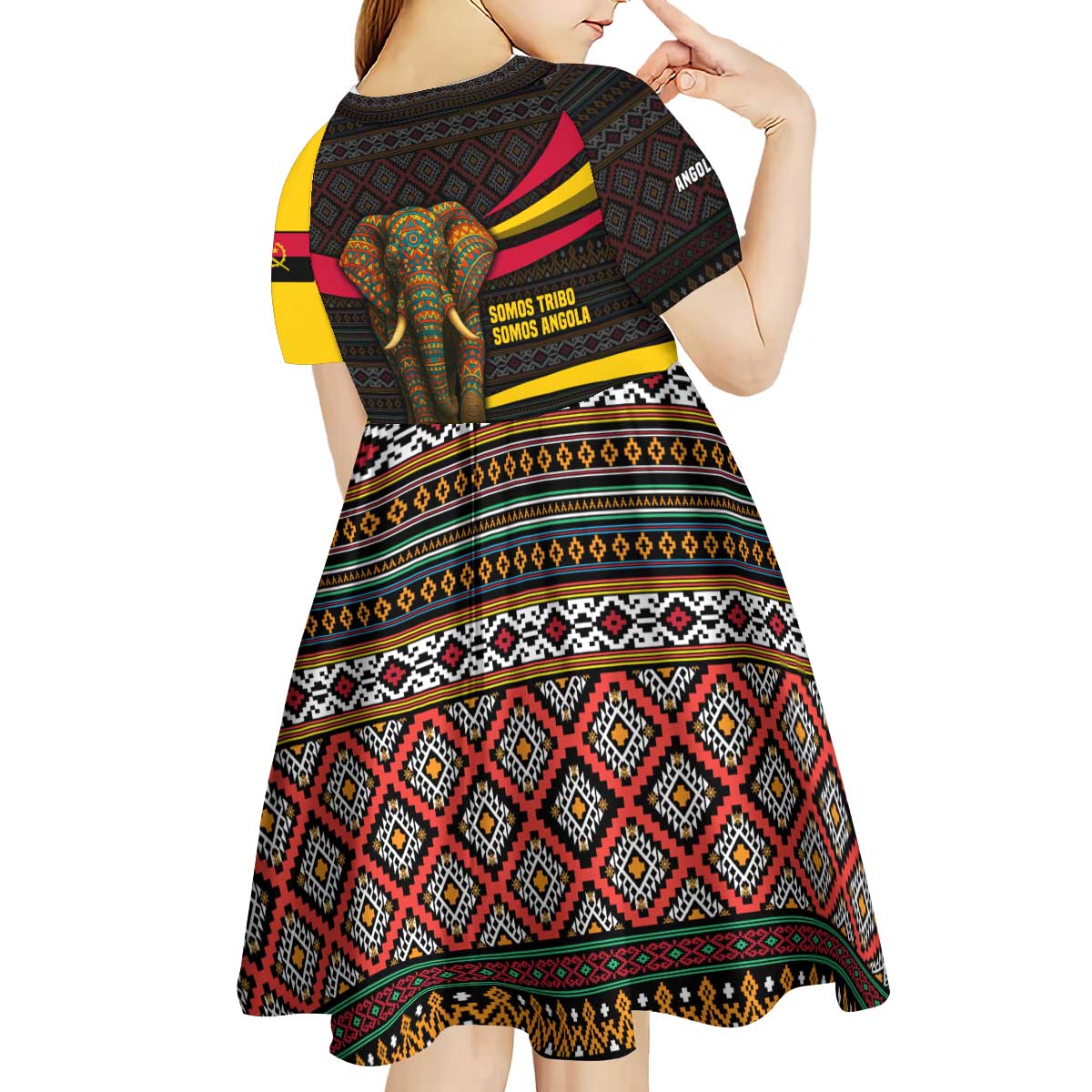 Angola Kid Short Sleeve Dress with Red Black Yellow Tribal Design and Elephant - Wonder Print Shop