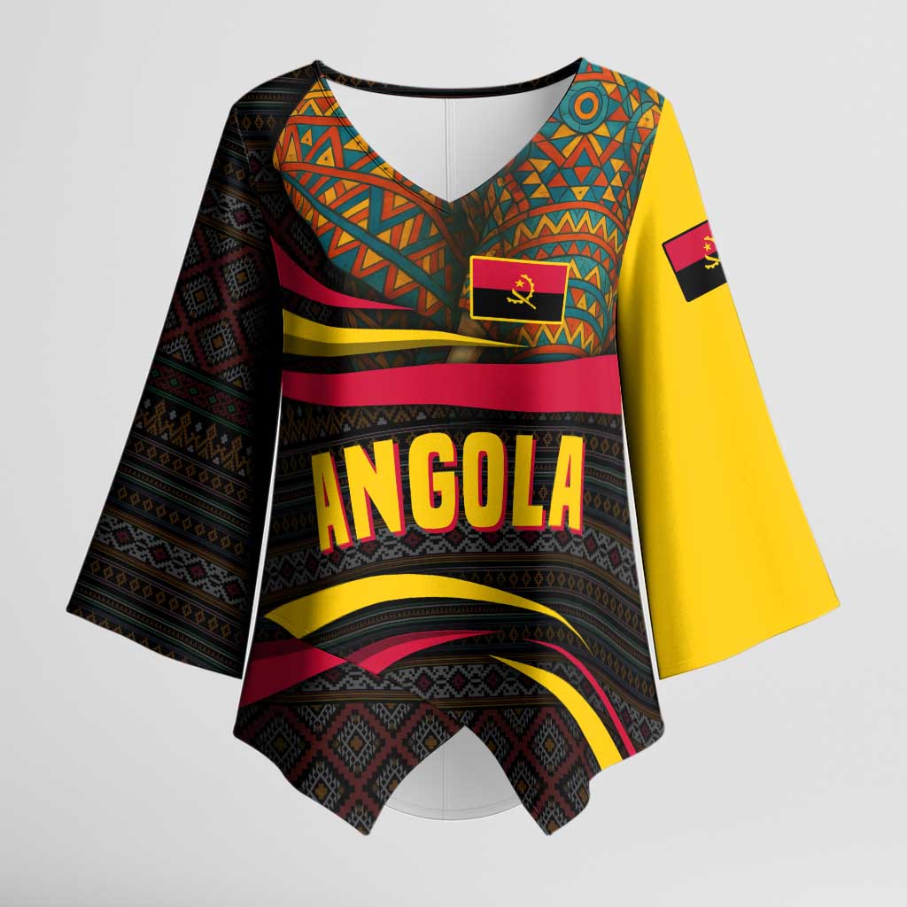Angola Kimono Sleeve Blouse with Red Black Yellow Tribal Design and Elephant - Wonder Print Shop