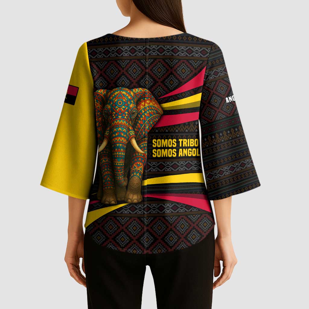 Angola Kimono Sleeve Blouse with Red Black Yellow Tribal Design and Elephant - Wonder Print Shop
