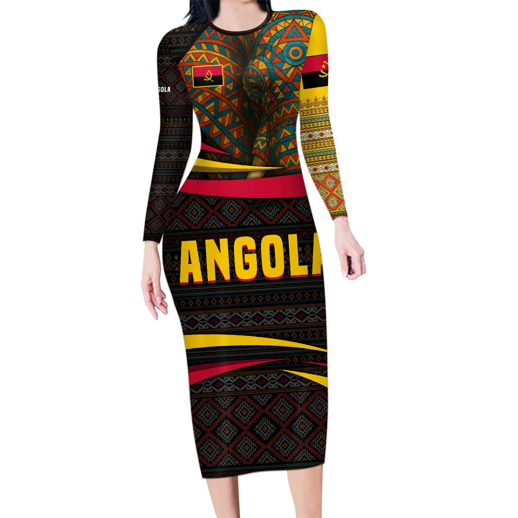 Angola Long Sleeve Bodycon Dress with Red Black Yellow Tribal Design and Elephant - Wonder Print Shop