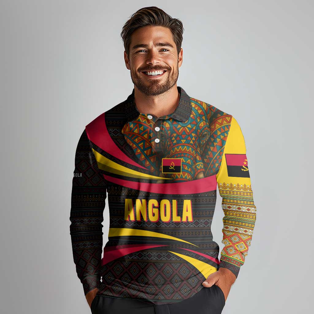 Angola Long Sleeve Polo Shirt with Red Black Yellow Tribal Design and Elephant - Wonder Print Shop