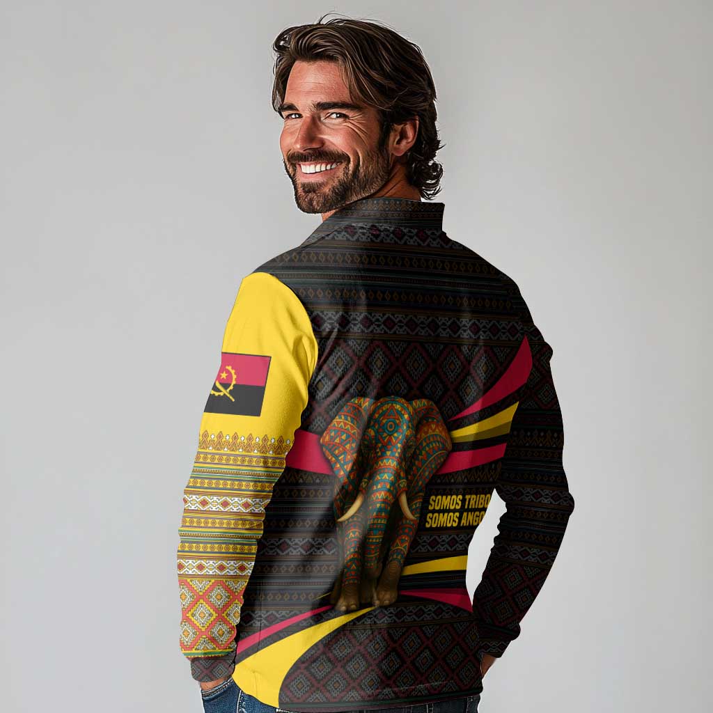 Angola Long Sleeve Polo Shirt with Red Black Yellow Tribal Design and Elephant - Wonder Print Shop