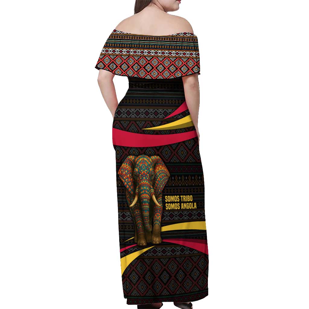 Angola Off Shoulder Maxi Dress with Red Black Yellow Tribal Design and Elephant - Wonder Print Shop