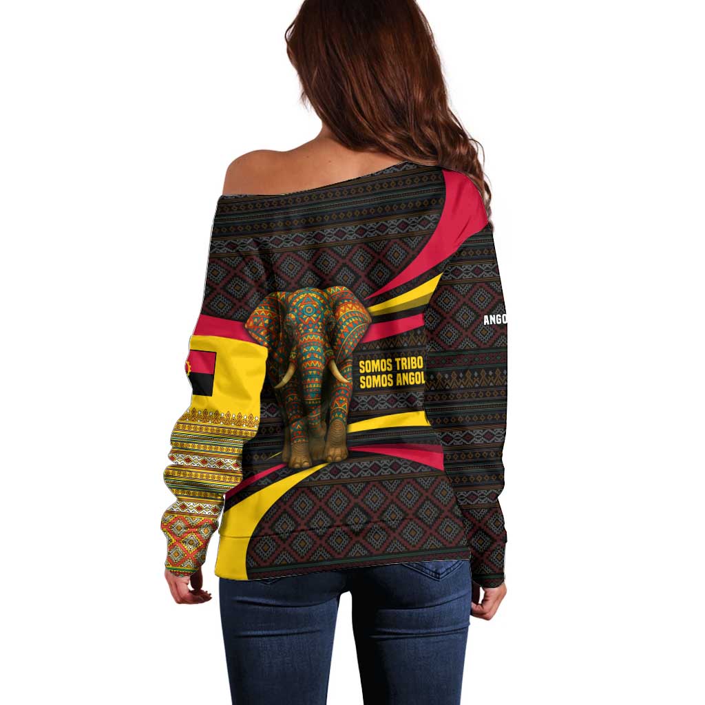 Angola Off Shoulder Sweater with Red Black Yellow Tribal Design and Elephant - Wonder Print Shop