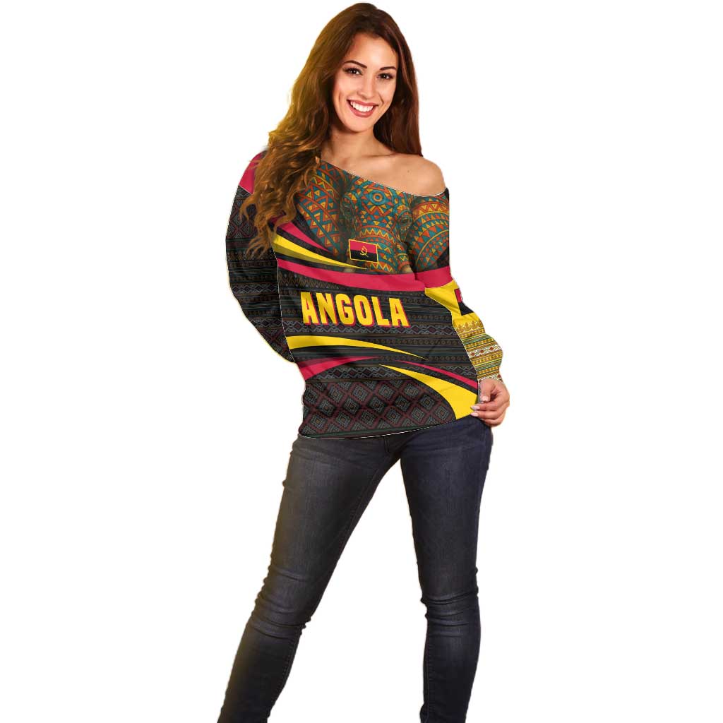 Angola Off Shoulder Sweater with Red Black Yellow Tribal Design and Elephant - Wonder Print Shop