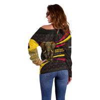 Angola Off Shoulder Sweater with Red Black Yellow Tribal Design and Elephant - Wonder Print Shop