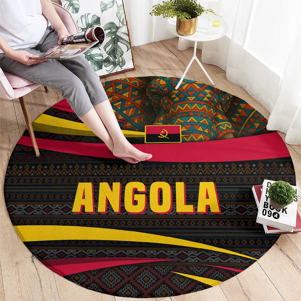 Angola Round Carpet with Red Black Yellow Tribal Design and Elephant - Wonder Print Shop