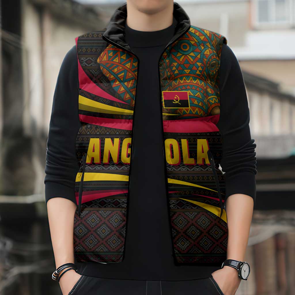 Angola Sleeveless Puffer Jacket with Red Black Yellow Tribal Design and Elephant - Wonder Print Shop