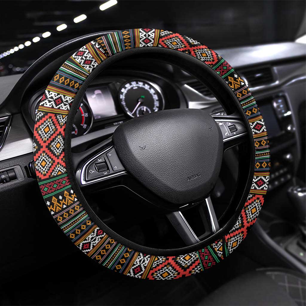 Angola Steering Wheel Cover with Red Black Yellow Tribal Design and Elephant - Wonder Print Shop