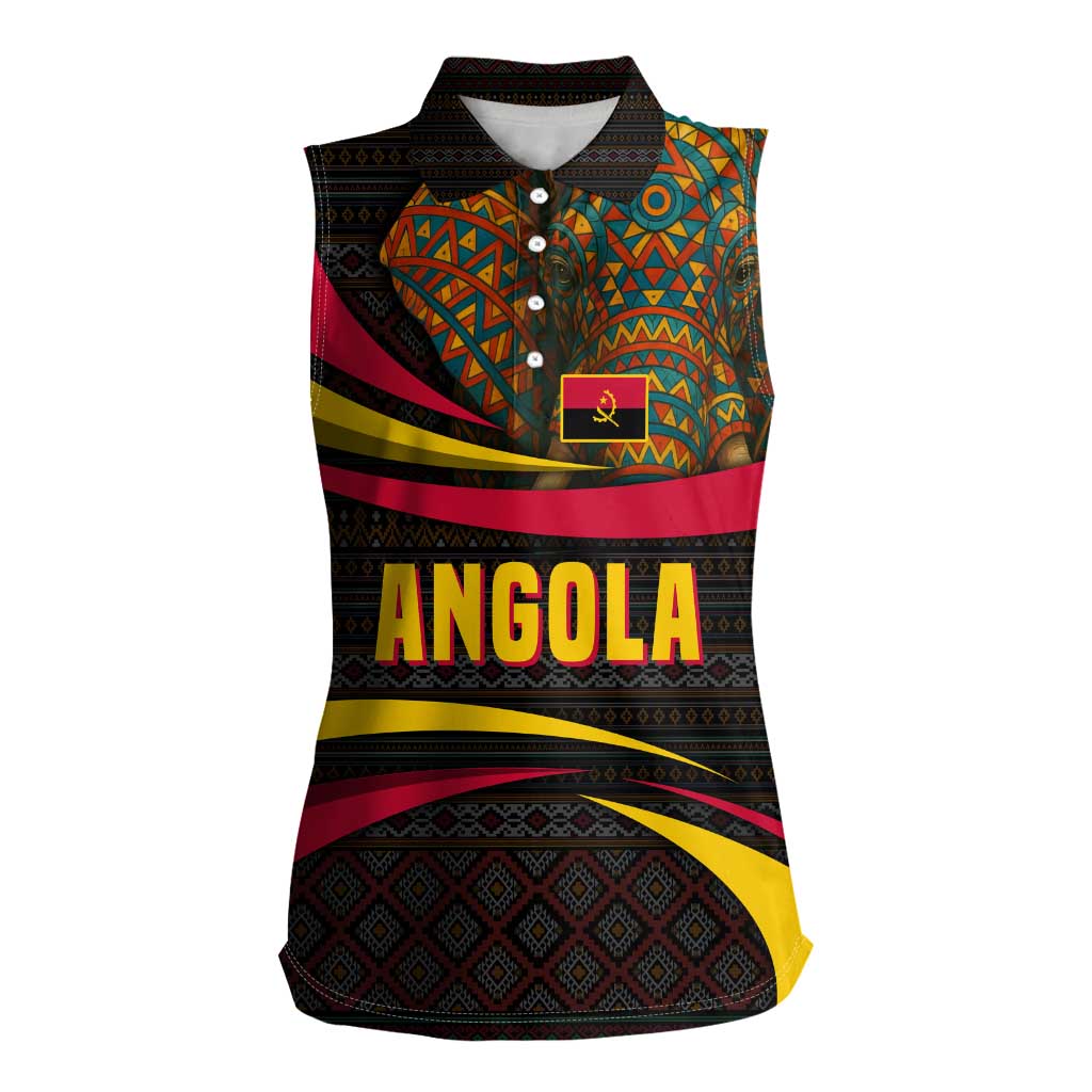 Angola Women Sleeveless Polo Shirt with Red Black Yellow Tribal Design and Elephant - Wonder Print Shop