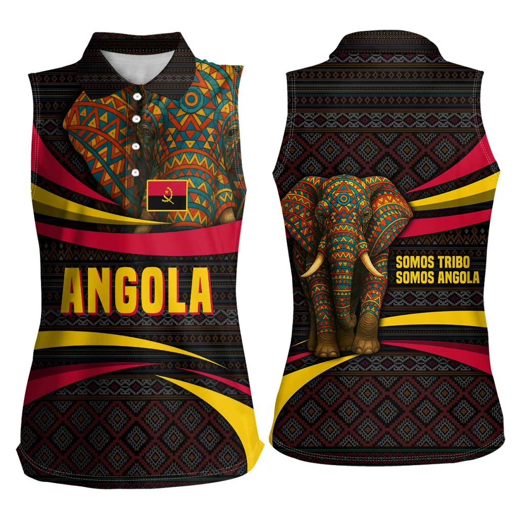 Angola Women Sleeveless Polo Shirt with Red Black Yellow Tribal Design and Elephant - Wonder Print Shop