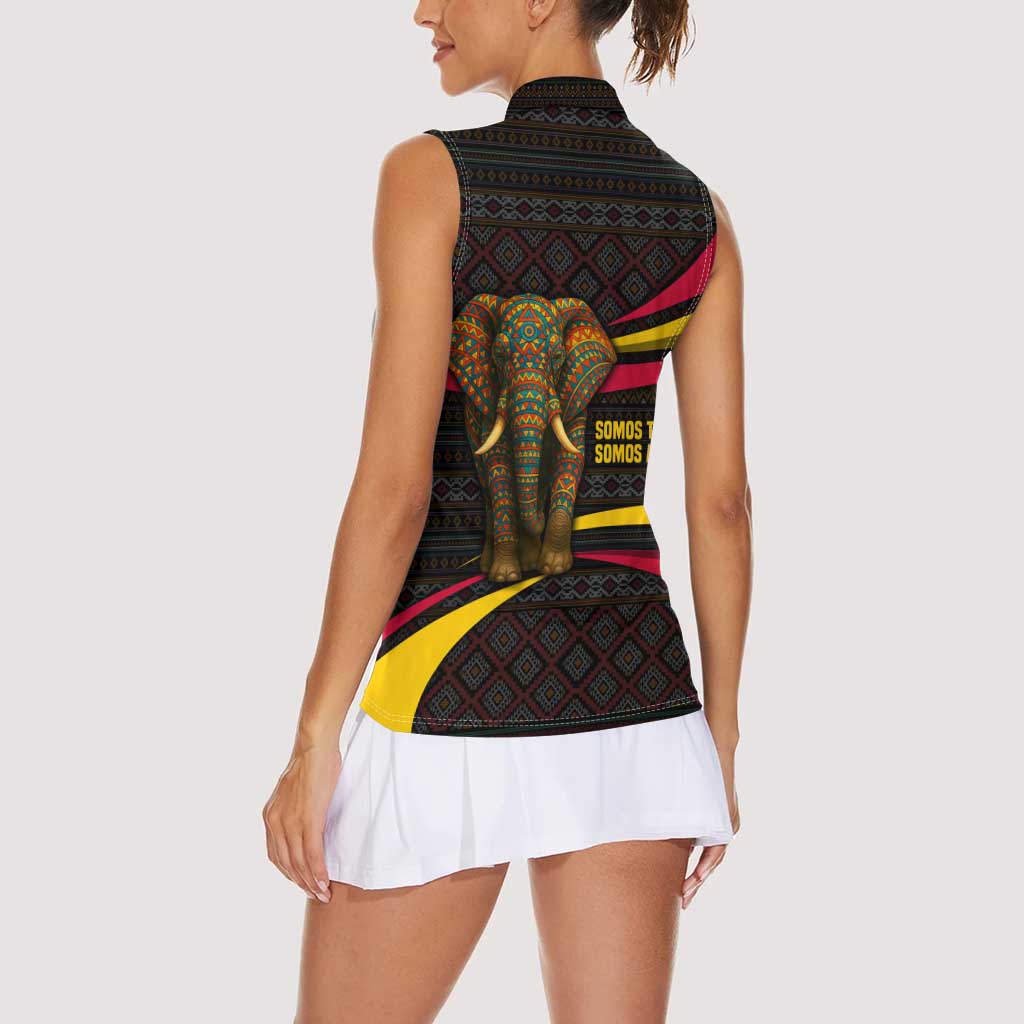 Angola Women Sleeveless Polo Shirt with Red Black Yellow Tribal Design and Elephant - Wonder Print Shop