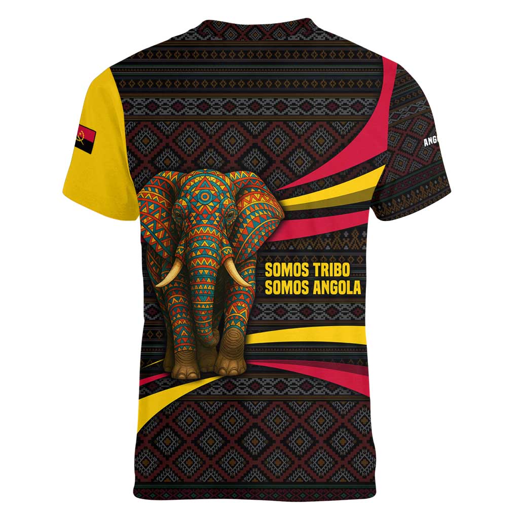 Angola Women V-Neck T-Shirt with Red Black Yellow Tribal Design and Elephant - Wonder Print Shop