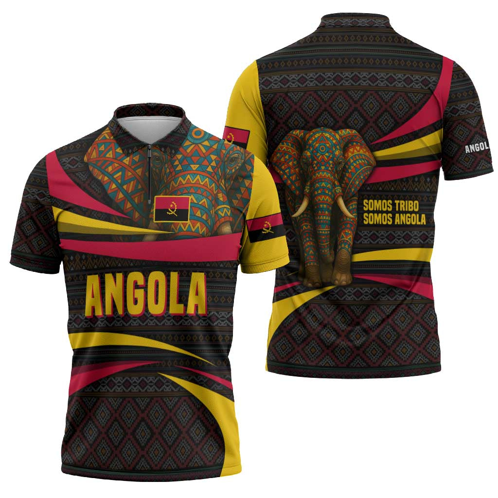 Angola Zipper Polo Shirt with Red Black Yellow Tribal Design and Elephant - Wonder Print Shop