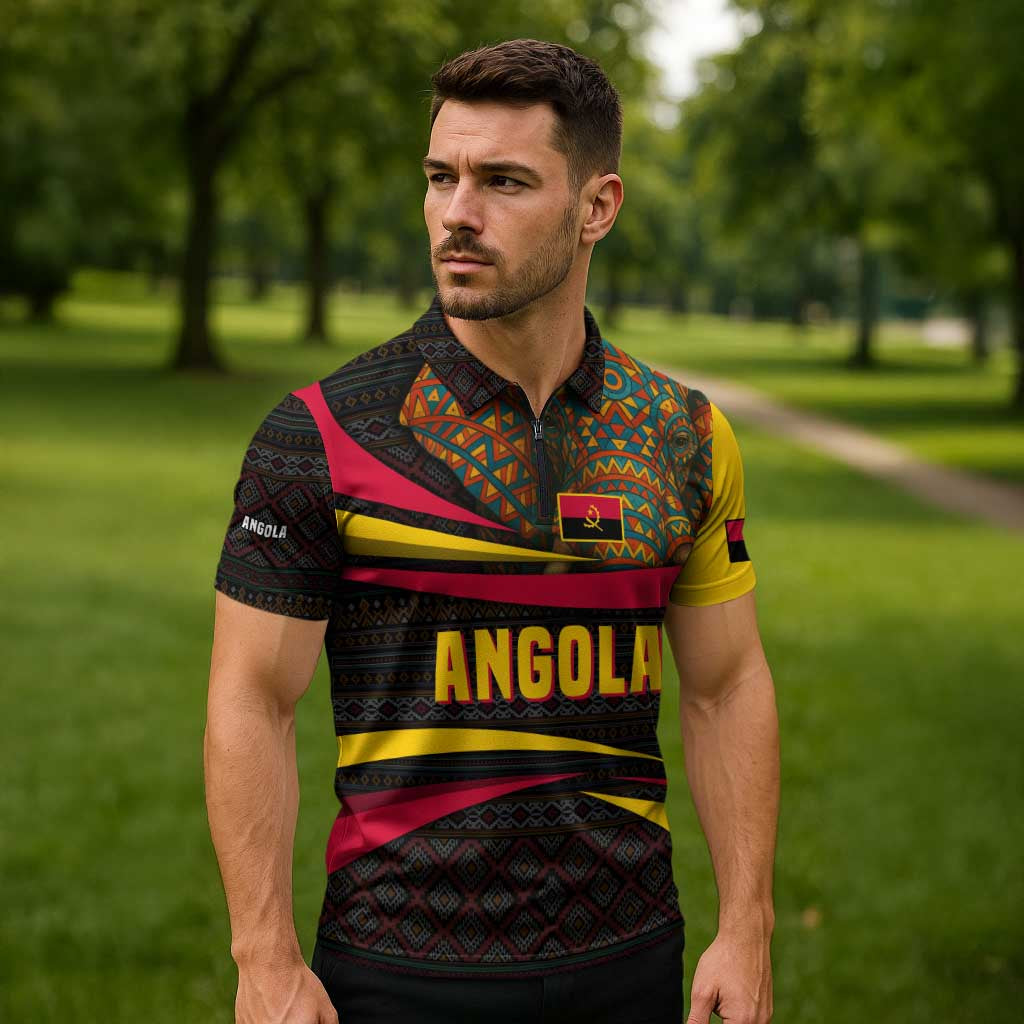 Angola Zipper Polo Shirt with Red Black Yellow Tribal Design and Elephant - Wonder Print Shop