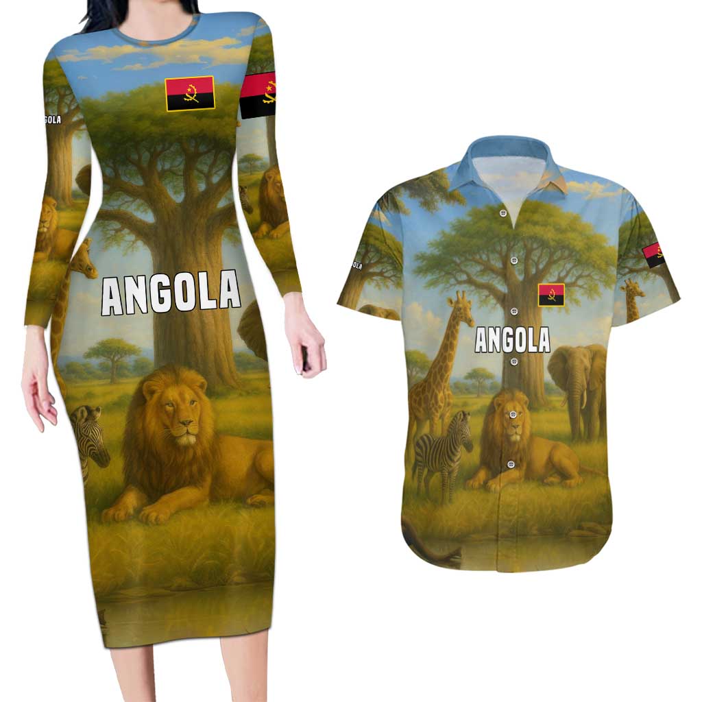 Angola Couples Matching Long Sleeve Bodycon Dress and Hawaiian Shirt with Savannah Wildlife Design and African Animal - Wonder Print Shop