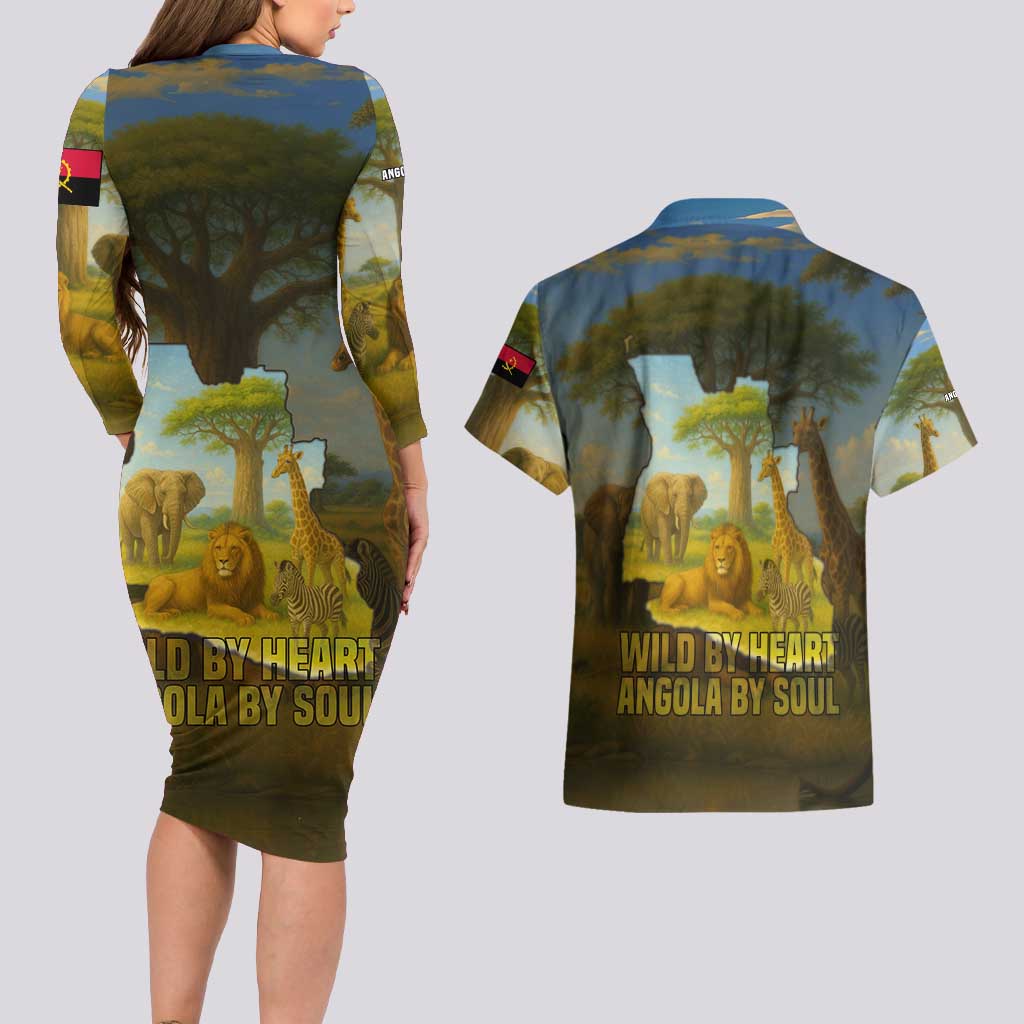 Angola Couples Matching Long Sleeve Bodycon Dress and Hawaiian Shirt with Savannah Wildlife Design and African Animal - Wonder Print Shop