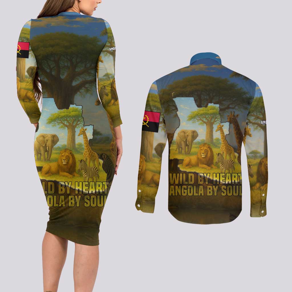 Angola Couples Matching Long Sleeve Bodycon Dress and Long Sleeve Button Shirt with Savannah Wildlife Design and African Animal - Wonder Print Shop