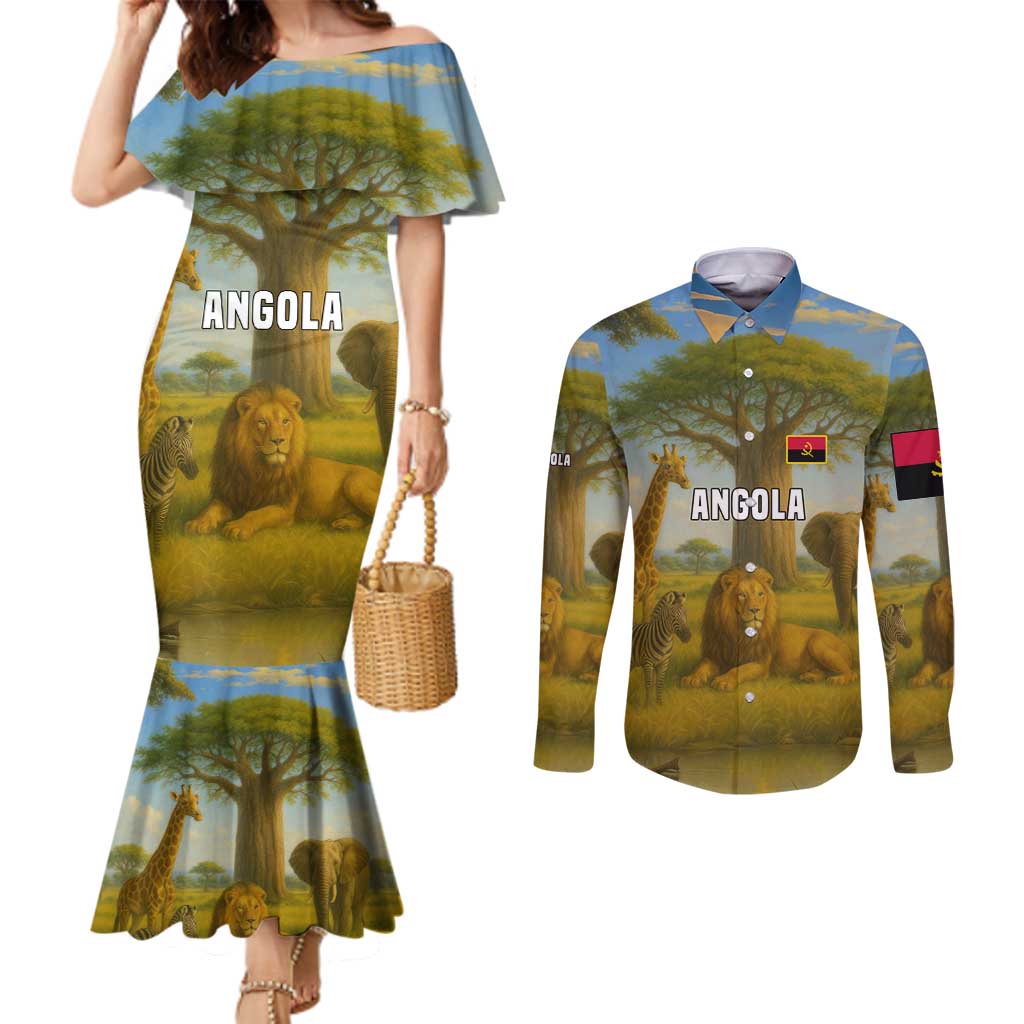 Angola Couples Matching Mermaid Dress and Long Sleeve Button Shirt with Savannah Wildlife Design and African Animal - Wonder Print Shop