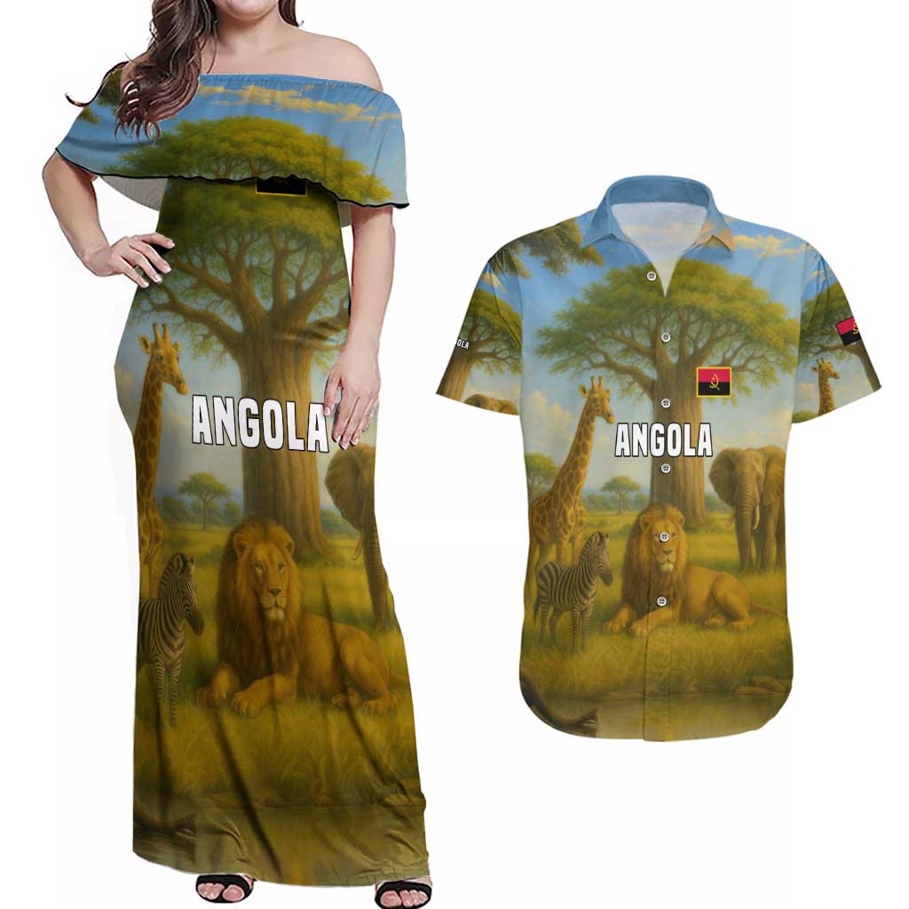 Angola Couples Matching Off Shoulder Maxi Dress and Hawaiian Shirt with Savannah Wildlife Design and African Animal - Wonder Print Shop