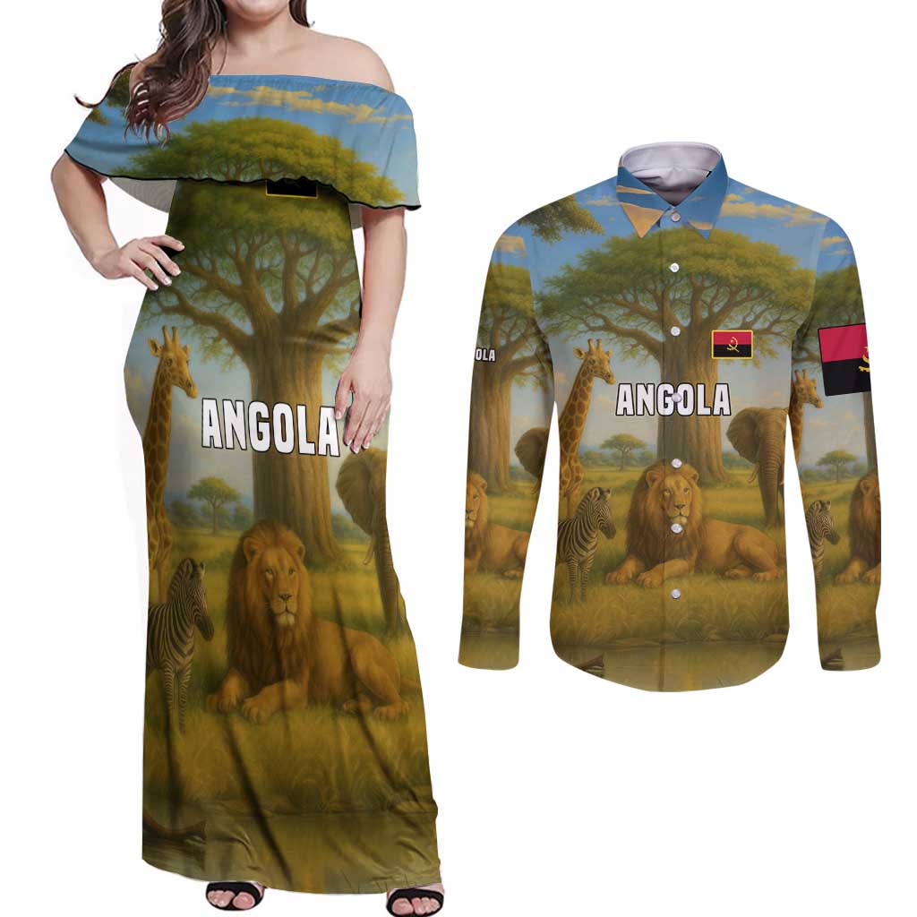 Angola Couples Matching Off Shoulder Maxi Dress and Long Sleeve Button Shirt with Savannah Wildlife Design and African Animal - Wonder Print Shop