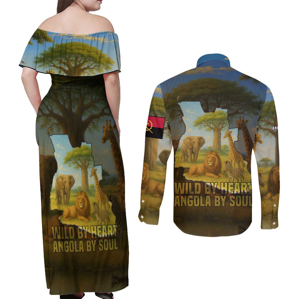 Angola Couples Matching Off Shoulder Maxi Dress and Long Sleeve Button Shirt with Savannah Wildlife Design and African Animal - Wonder Print Shop